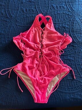 Women’s Neon Pink Lace-Up One-Piece Swimsuit
